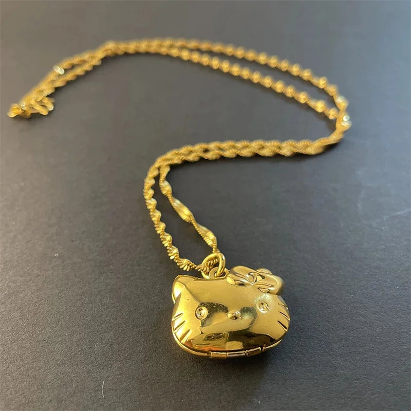 24k Gold Necklace Cute Kt Kitten Pendant Water Ripple Necklace 2mm46cm Necklace For Girls Wedding Birthday Gift