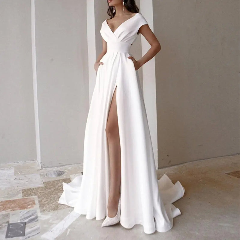 Popular White Side Slit Party Dress Fashion Evening Dress Side Split Evening Dress With Pockets for Evening Party