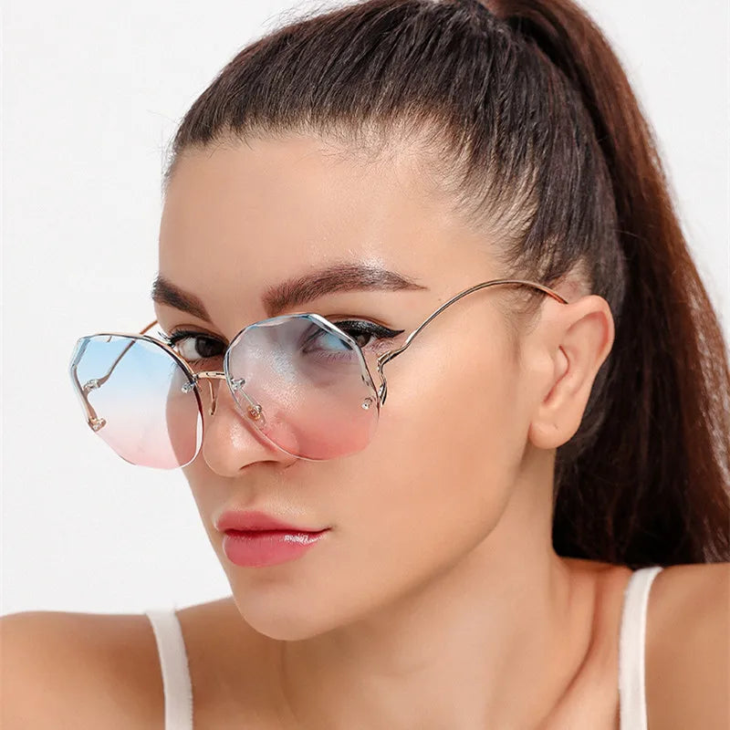 Rimless Sunglasses Polygon Fashion Popular Women Men Shades Big Frame Round Sun Glasses for Female Oculos Gradient Sunglasses