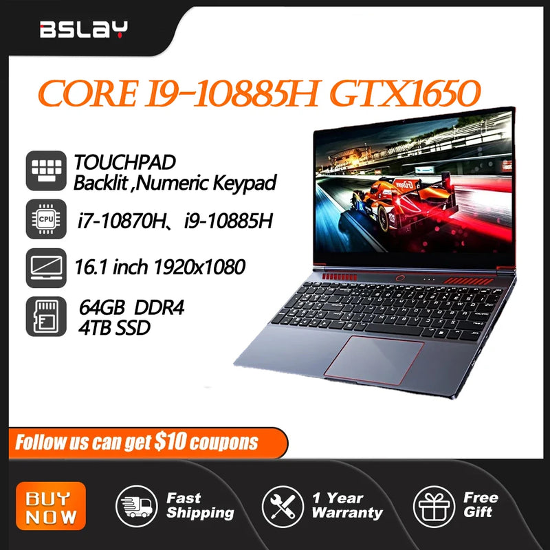 New 16.1 inch Gaming Laptop Intel Core i9-10885H i7-10750H GTX 1650 4G Mini PC Windows 10/11 64GB  4TB SSD Ultra book Computer