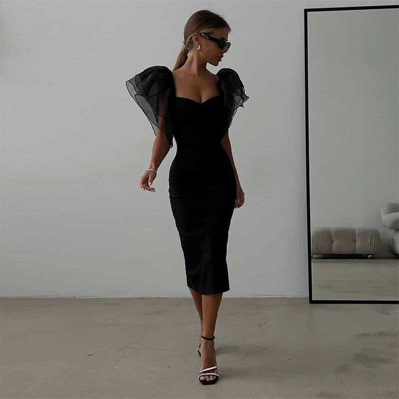 Mesh Butterfly Sleeve Sheath Bodycon Dress Women Square Neck Midi Robe Femme Solid Black Vestidos Mujer Sexy Lady Party Dresses