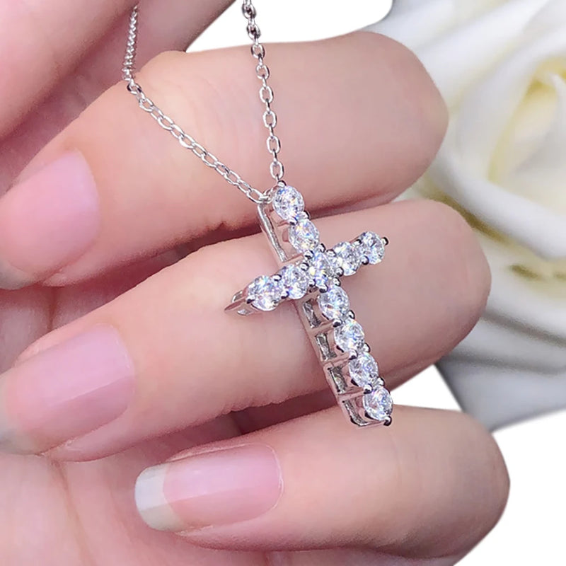 Serenity Day 3.0mm 4mm Moissanite Necklace 925 Sterling Silver Cross Pendants Necklace for Women Engagement Bridal Fine Jewelry