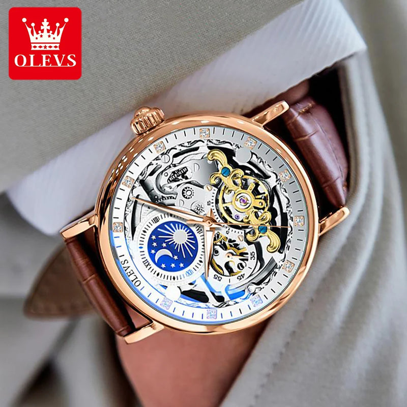 OLEVS Skeleton Watches Mechanical Automatic Watch Men Tourbillon Sport Clock Casual Business Moon Wrist Watch Relojes Hombre