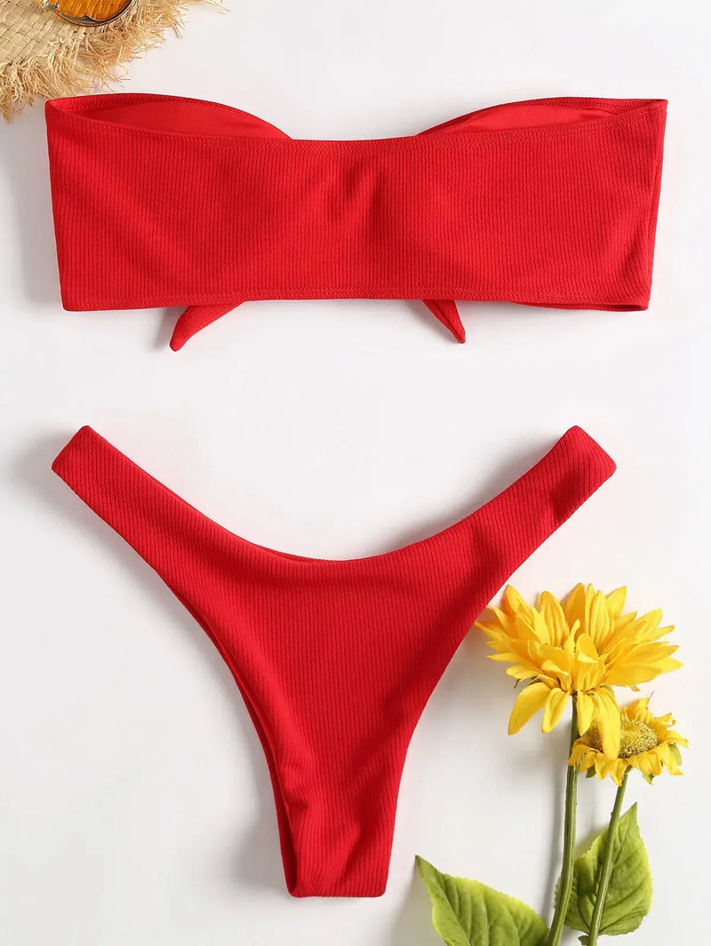 Women's Sexy Tube Top Bow Split Bikini Swimsuit Swim trunks Swimming Suit For Women Biquini Traje De Bano Pants Bikini Badeanzug