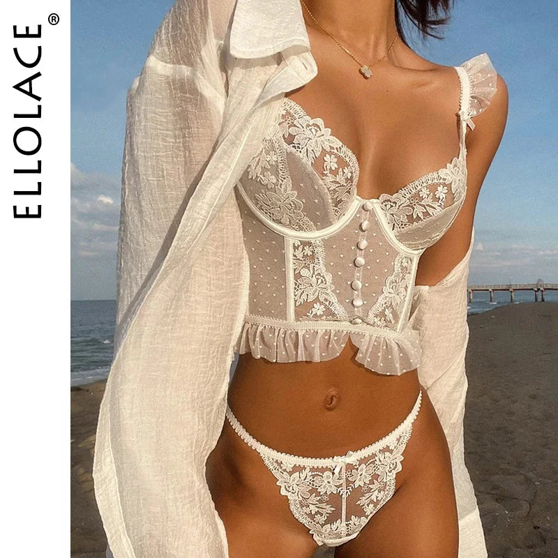 Ellolace Fancy Lingerie Lace Ruffles Transparent Bra Embroidery Female Underwear High Quality Seamless Sexy Outfits For Woman