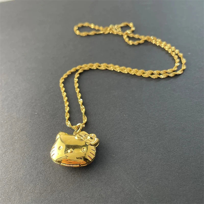 24k Gold Necklace Cute Kt Kitten Pendant Water Ripple Necklace 2mm46cm Necklace For Girls Wedding Birthday Gift