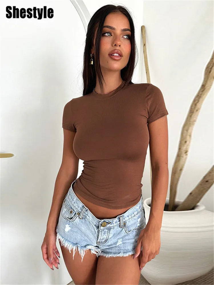 Shestyle Daily Casual T-Shirt Women Short Sleeve Stretchy O-Neck All-Match New Arrival for Summer Slim 2023 Stylish Tops Girl
