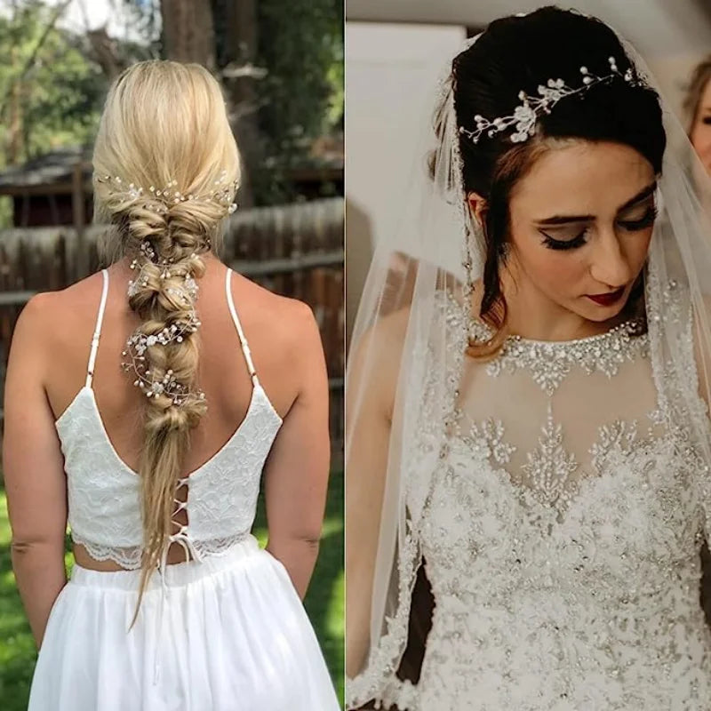 Crystal Pearl Bridal Tiaras Hairbands Hairpins Bridesmaid Diamante Hair Vine Accessories Wedding Jewelry 35cm Headwear French