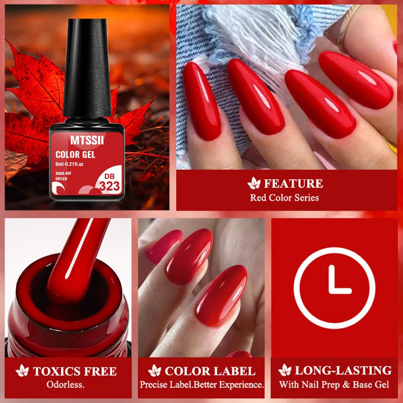 6Pcs Red Series Gel Nail Polish Set Winter Colors Semi Permanent Varnish Soak Off UV LED Gel Nail Art Manicure Base Top Coat Kit