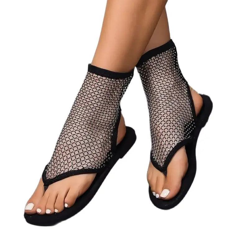 2024 Women's New Round Toe Flat Bottom Sandals Hollow Short Water Diamond Sexy Flat Bottom Shoes Sandals