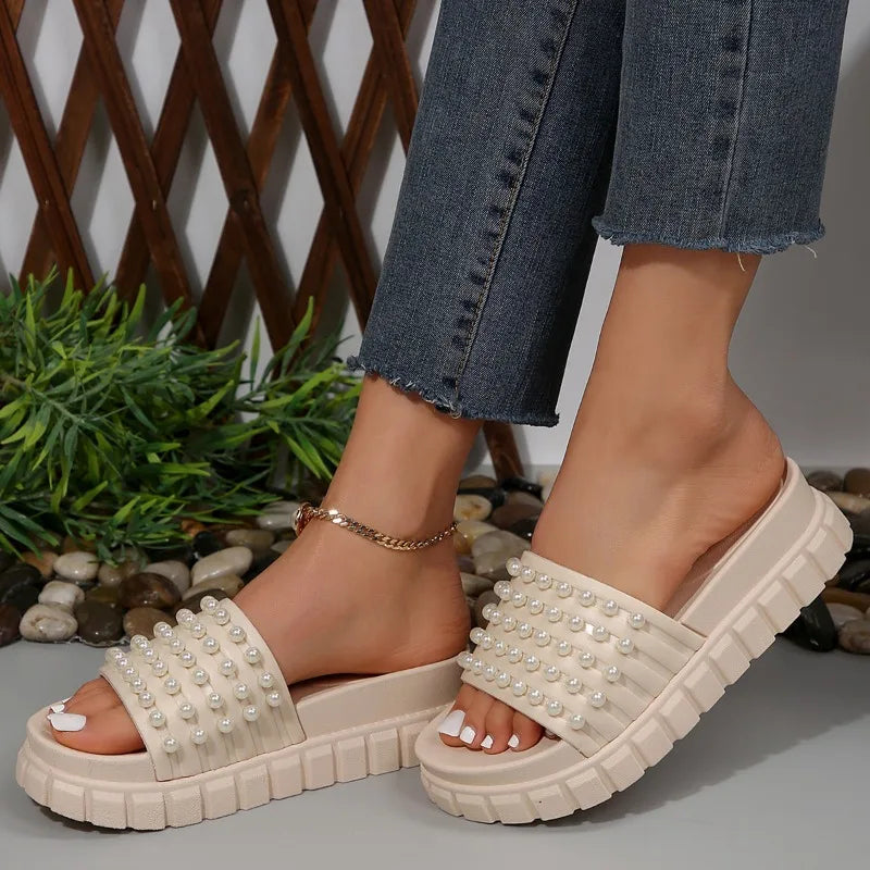 2024 Women's Platform Sandals High Heels Wedge Spring Summer Women Slippers Pearl Flip Flops Open Toe Slip on Backless Shoes