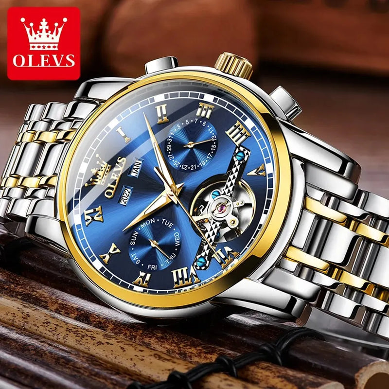 OLEVS 6607 Top Original Automatic Mechanical Watches Men Luxury Skeleton Flywheel Stainless Steel Waterproof Business Wristwatch