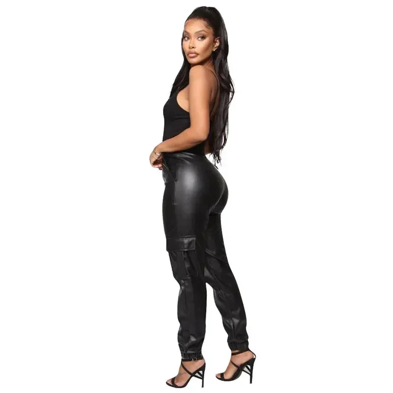 Fashion Loose PU Faux Leather Cargo Pants Pantalones De Mujer Sweatpants Zipper Pocket Casual Calças Leather Trousers Women 2023