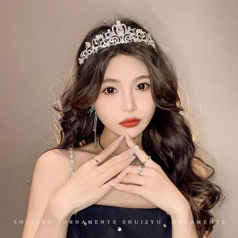 Korean Luxury White Crystal Crown Hair Accessories Tiara Women Wedding Rhinestone Bridal Silver Color Crown Hair Fashion Jewelry