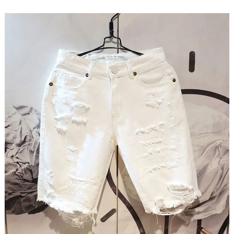 2022 Summer Fashion Cropped Men's Tattered Ripped Shorts Loose Straight Casual White Denim Pants Streetwear Men Boyfriend Jeans