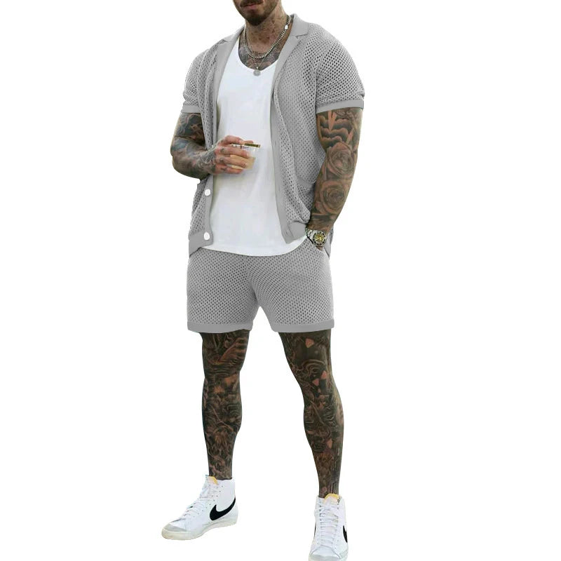 Summer Fashion Hollow Out Mesh Two Piece Sets Men Casual Pure Color Short Sleeve Shirt And Shorts Mens Suits Sexy Beach Outfits