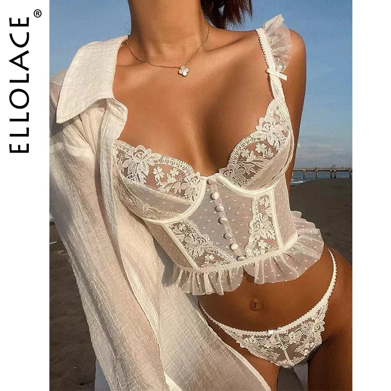 Ellolace Fancy Lingerie Lace Ruffles Transparent Bra Embroidery Female Underwear High Quality Seamless Sexy Outfits For Woman