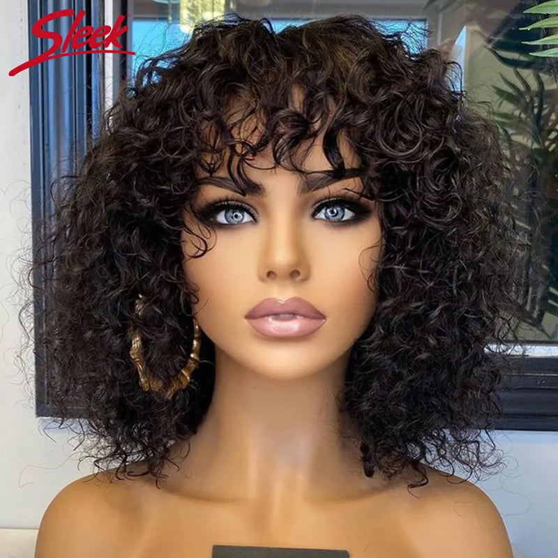 Short Pixie Bob Cut Human Hair Wigs With Bangs Jerry Curly Non lace front Wig Highlight Honey Blonde Colored Wigs For Women