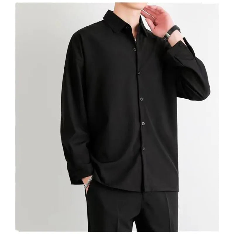 Premium Men Ice Silk Shirt Spring Summer Thin Luxury Loose Korean Business Shirt Solid Trendy Ruffle Draping Shirt Jacket B0142