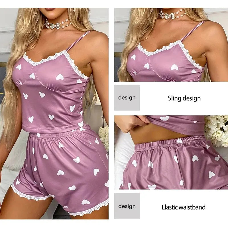 Women's Two-Piece V-Neck Suspender Lace Lace Printed Top and Shorts Women's Casual Printed Pajama Set
