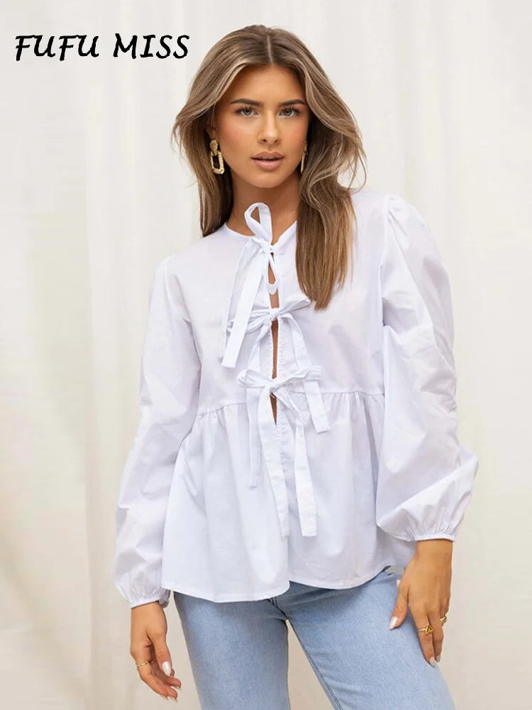 Bow Tied Lace Up Shirt Women Pleats Solid Long Puff Sleeve Hollow Out O-neck Blouses Female 2024 Summer Sweet Lady Fashion Tops