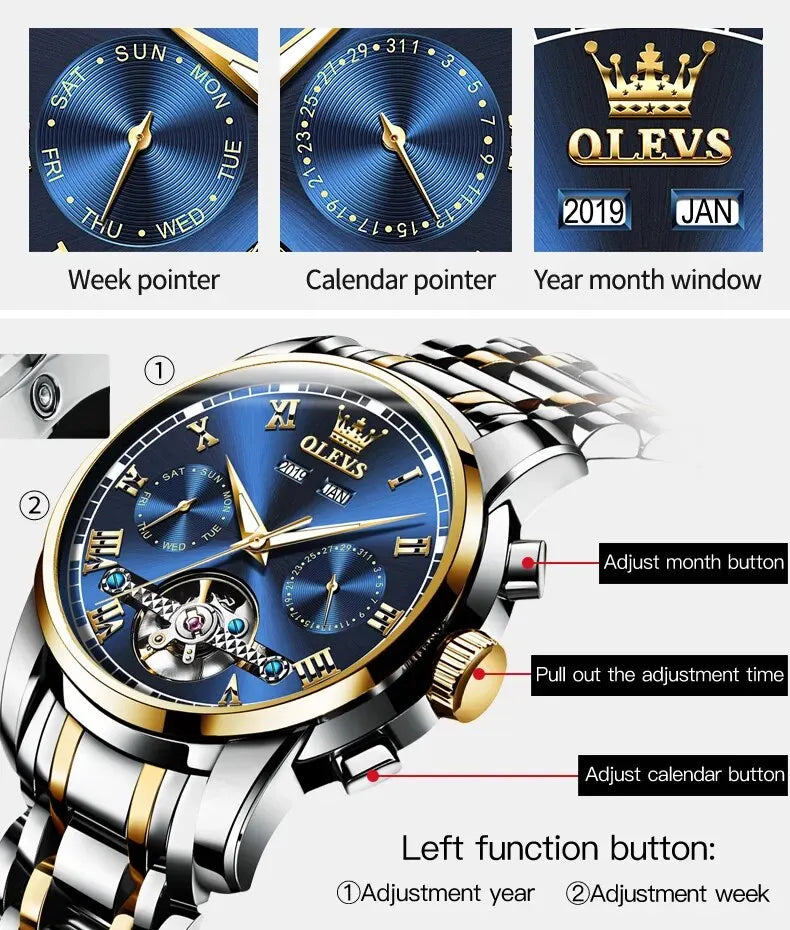 OLEVS 6607 Top Original Automatic Mechanical Watches Men Luxury Skeleton Flywheel Stainless Steel Waterproof Business Wristwatch
