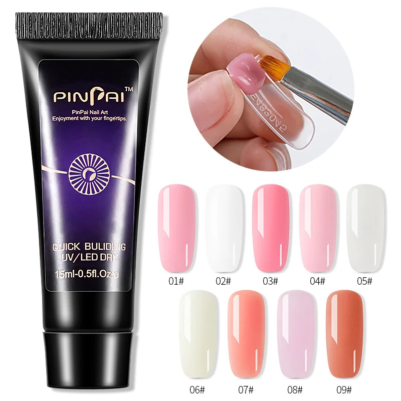 PinPai 5PCS Poly Extension Gel Set Nail Art Polygels Kit Clear White Color Nail UV Gel Tip Form Acrylic Nail Gel Slice Brush Kit